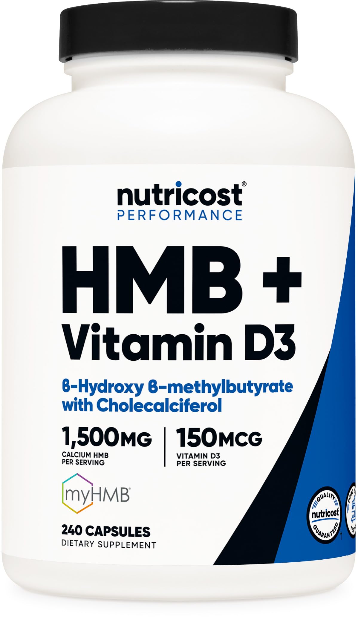 Nutricost HMB D3 gélules dans la bouteille, apport quotidien potentiel.