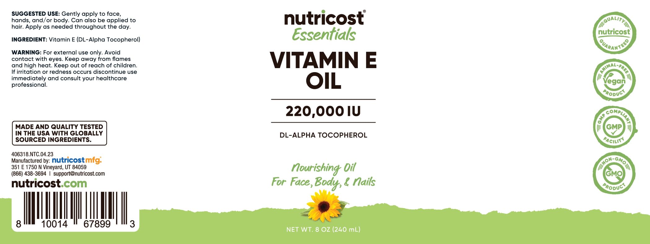 Nutricost Huile vitamine E, goutte, hydrater cheveux et ongles en profondeur.