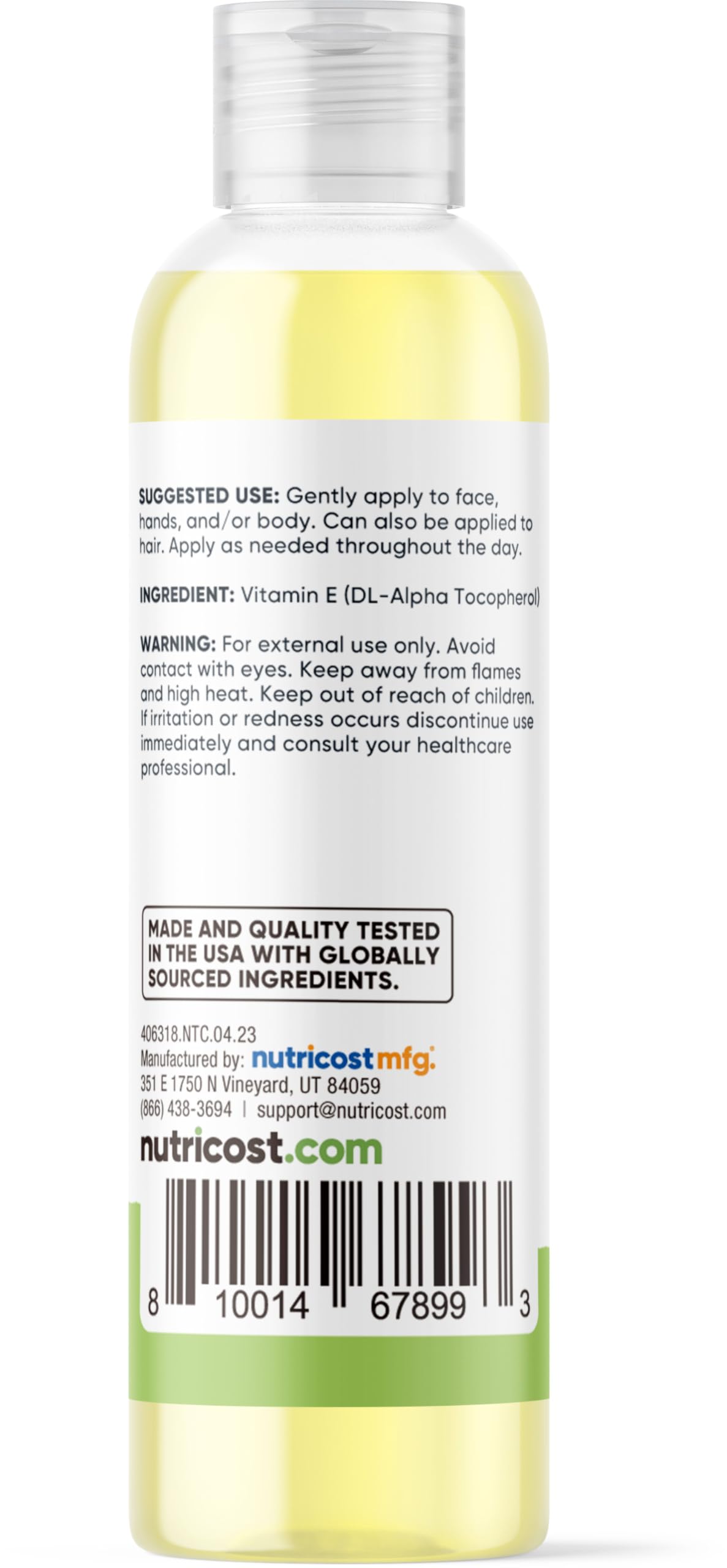 Nutricost Huile vitamine E, peau et cheveux, texture légère et absorption rapide.