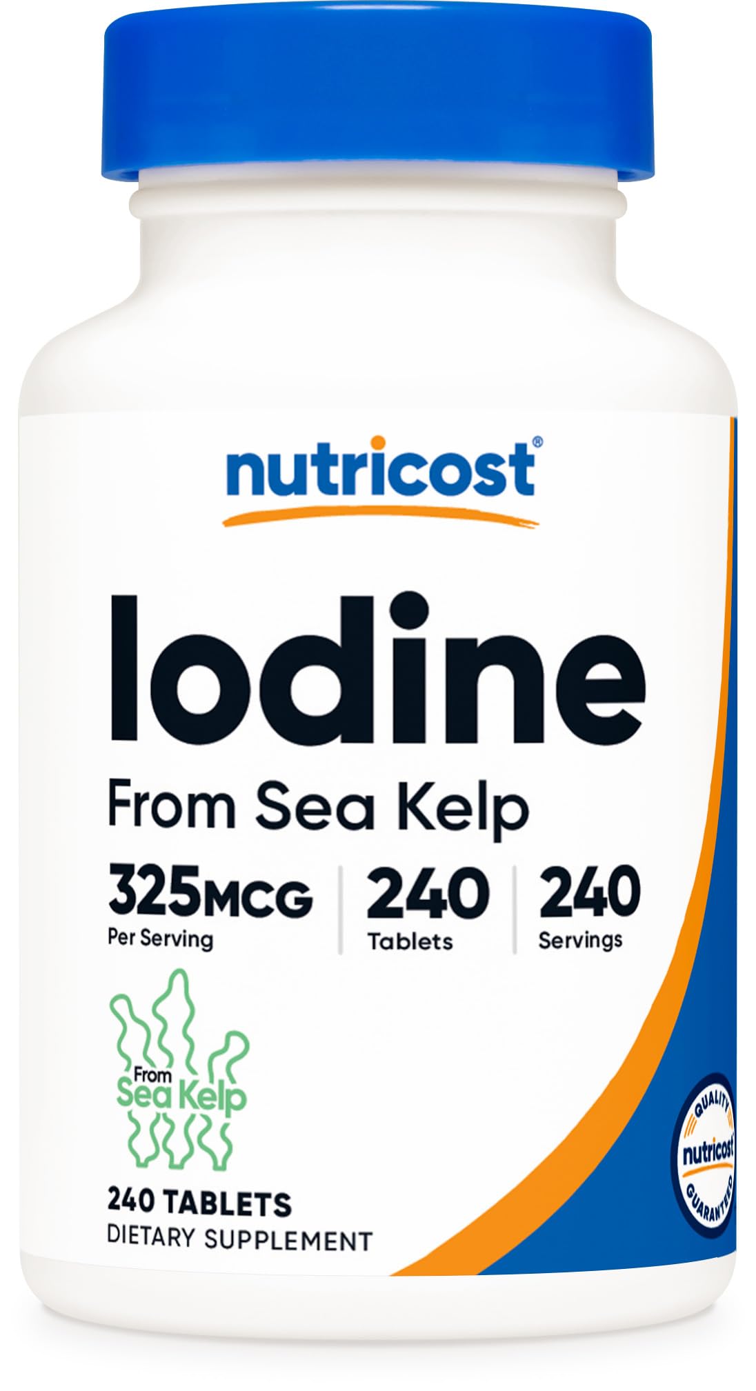 Nutricost iode naturelle issue d'algues marines, comprimé pratique pour une routine quotidienne.