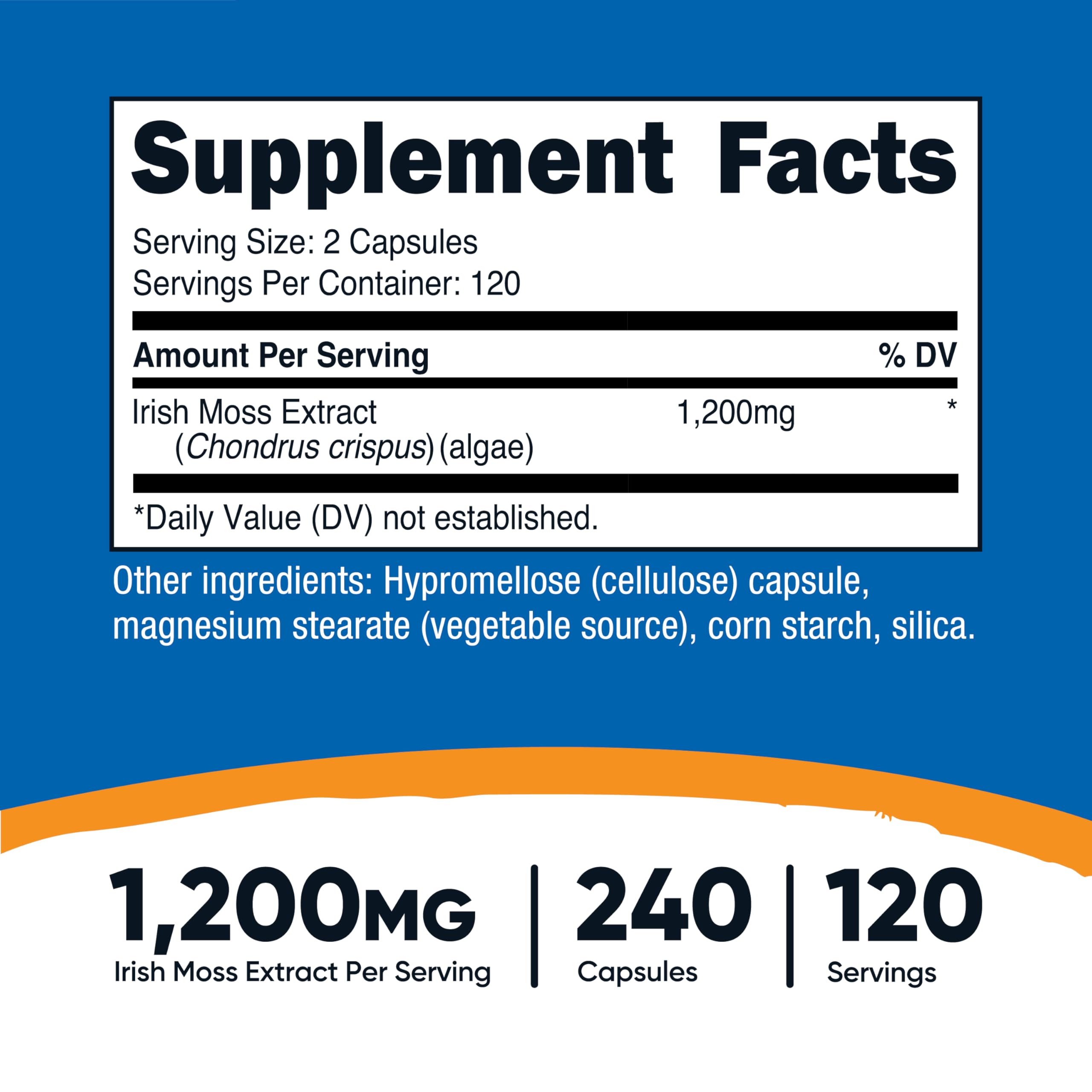 Nutricost Irish Sea Moss Extract capsules, prise facile, idéale pour un apport quotidien pratique.