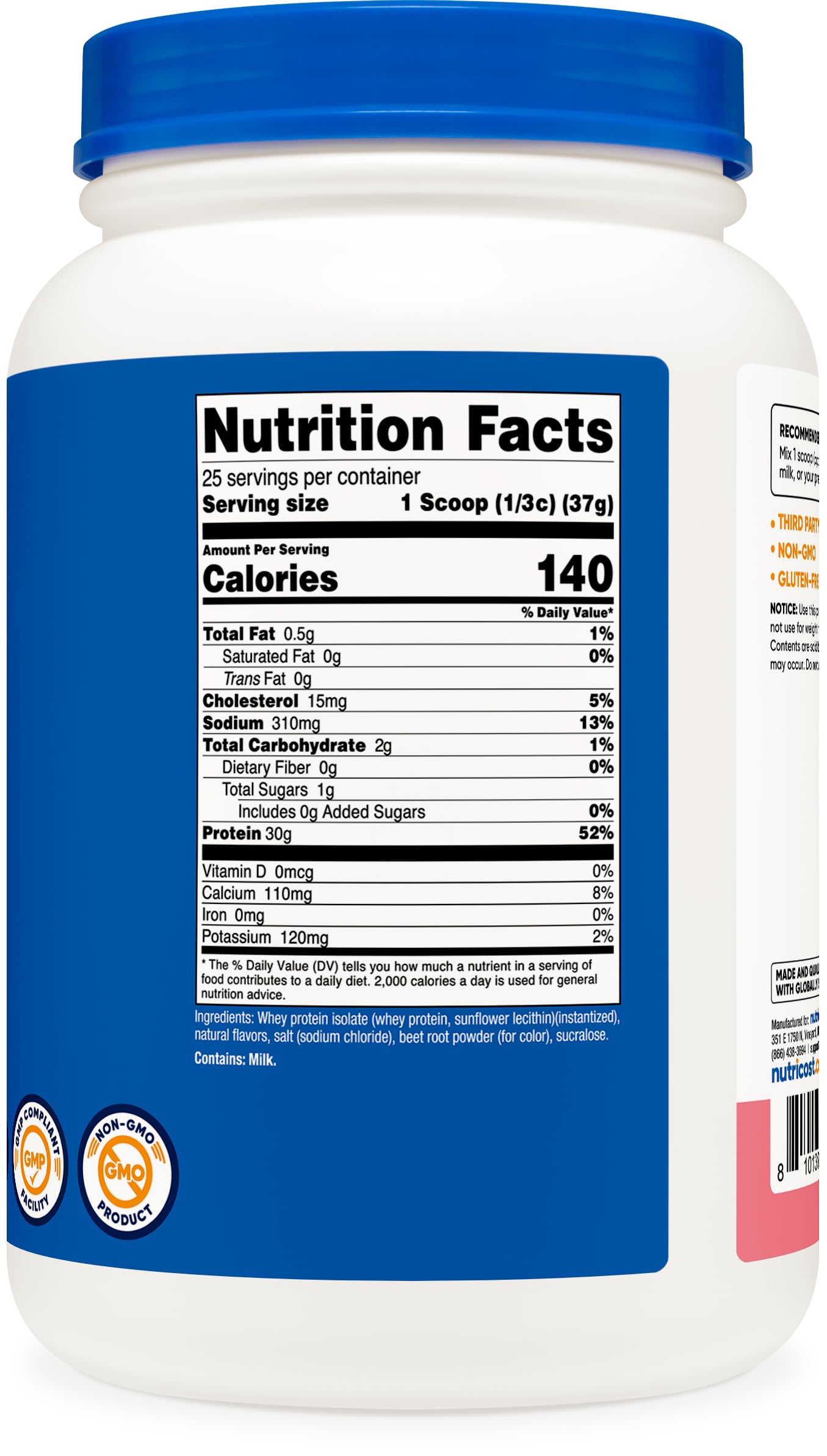 Nutricost isolat protéine lactosérum, emballage — garantit des bonnes pratiques de fabrication