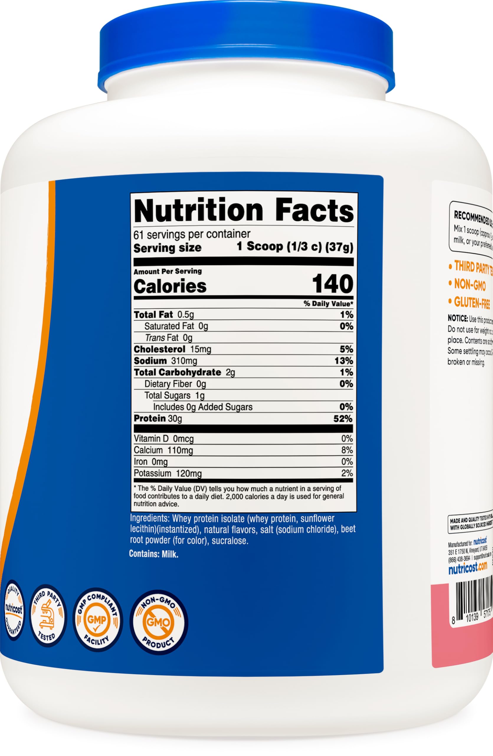 Nutricost isolat protéine lactosérum fraise frappée, 61 portions pour planification protéique