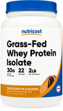 Pot Nutricost Isolat Whey Grass-Fed au chocolat cacahuète, saveur riche et pratique.