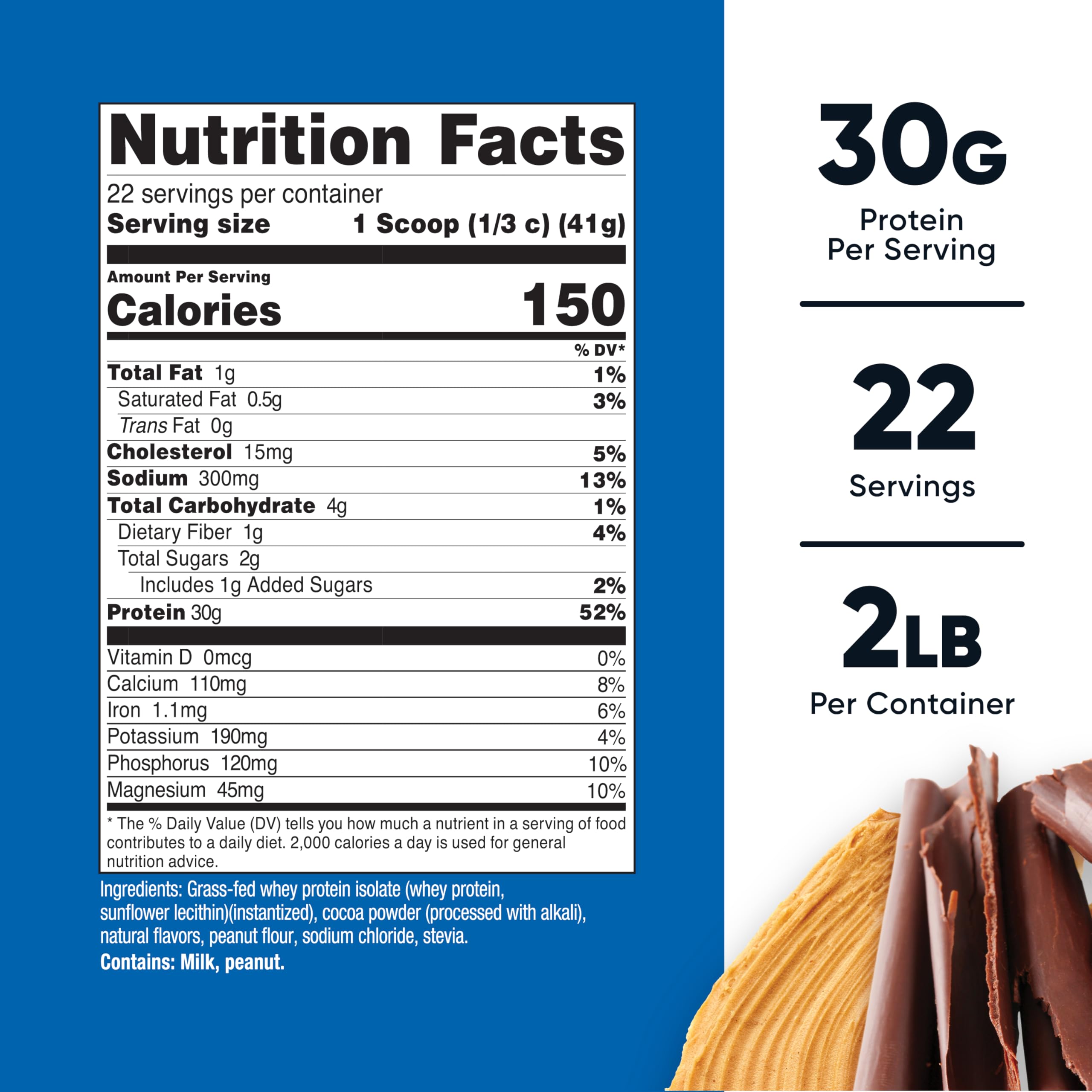 Poudre veloutée Nutricost Isolat Whey Grass-Fed, saveur chocolat cacahuète prête à mélanger.