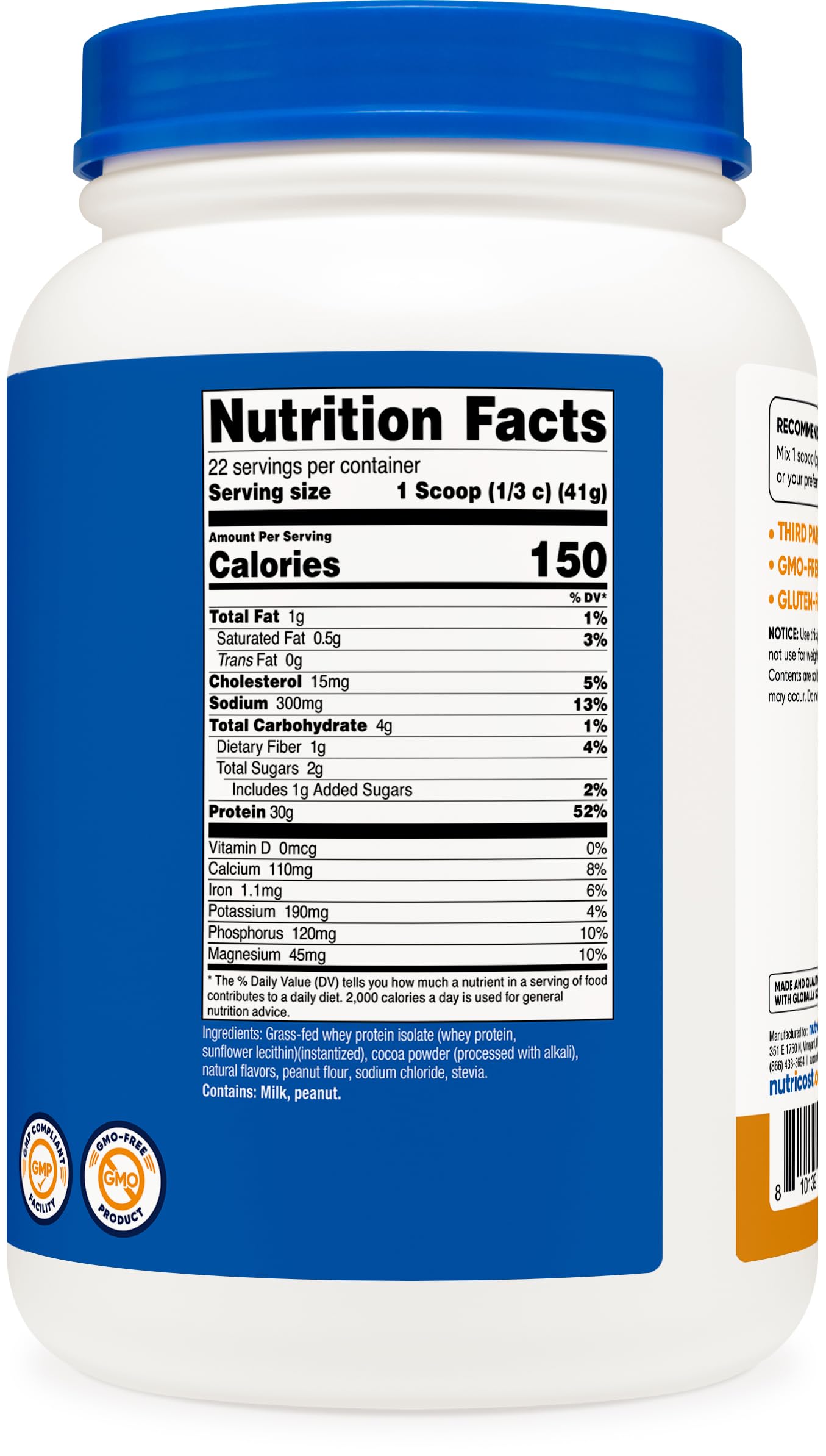 Saveur chocolat cacahuète Nutricost Isolat Whey Grass-Fed, arôme irrésistible pour shakes gourmands.