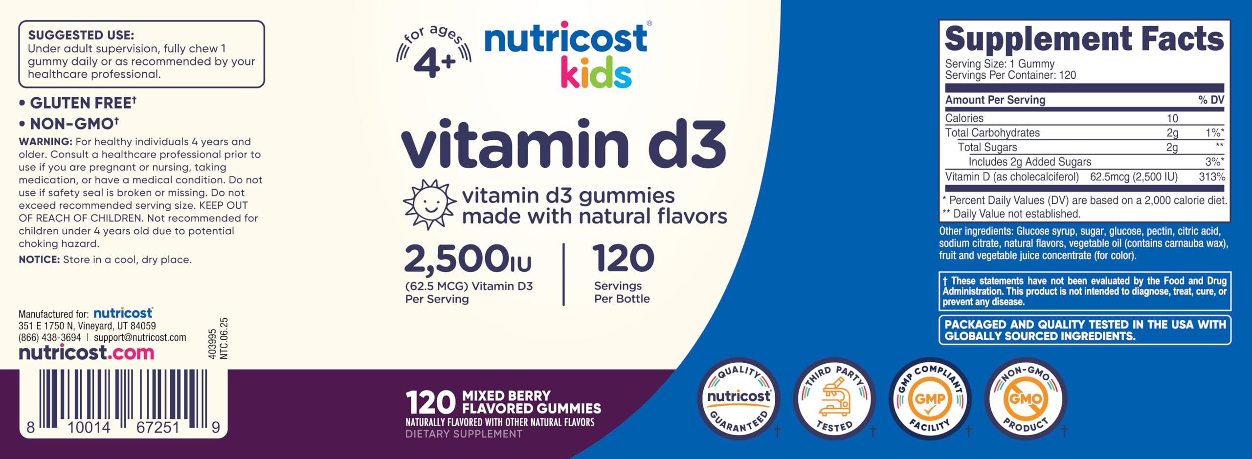 Nutricost Kids D3 Gummies — faible en sucre, goût fruité apprécié des enfants