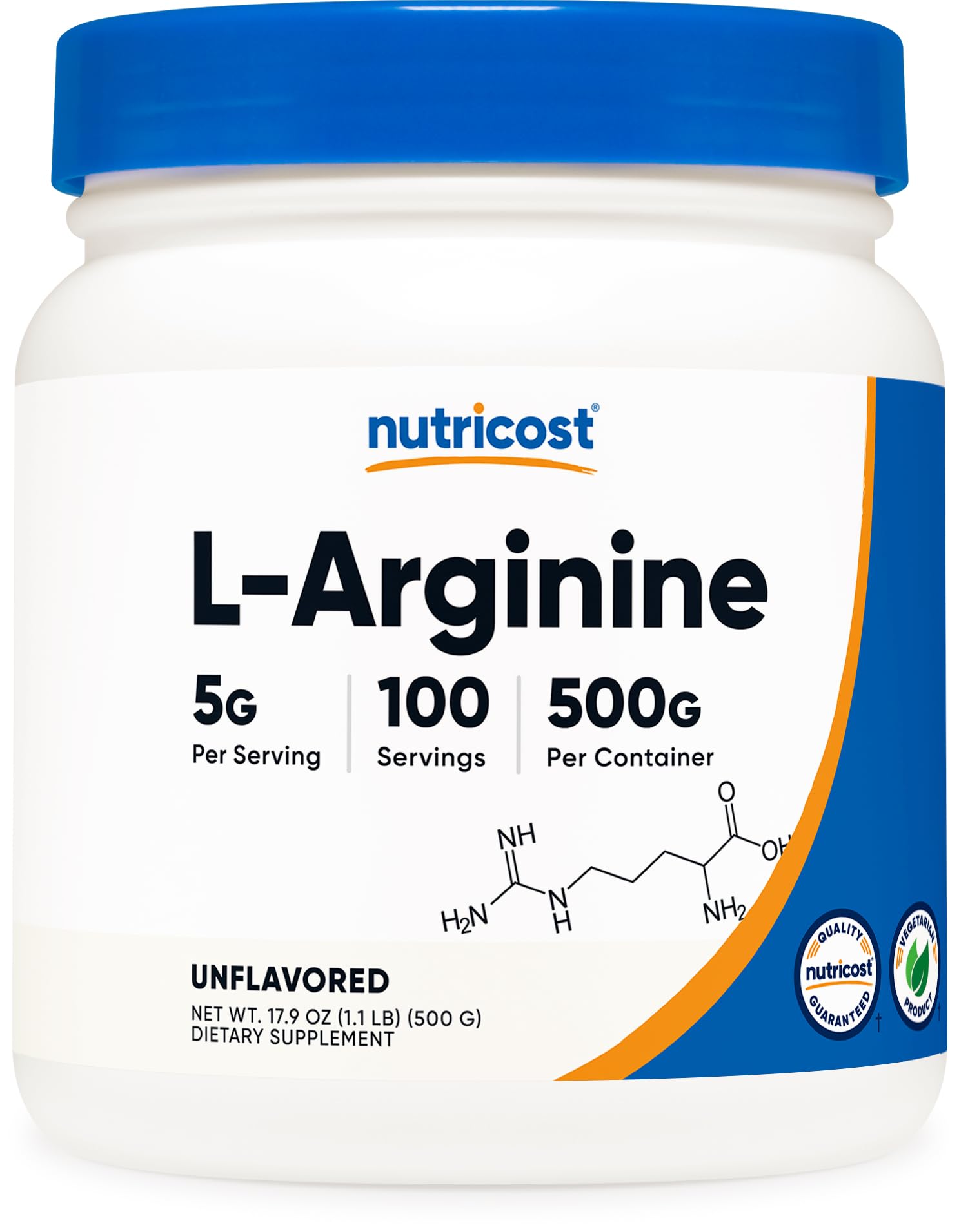 Nutricost L-Arginine en poudre 500 g affichant l'étiquette et la contenance, usage pré-entraînement possible