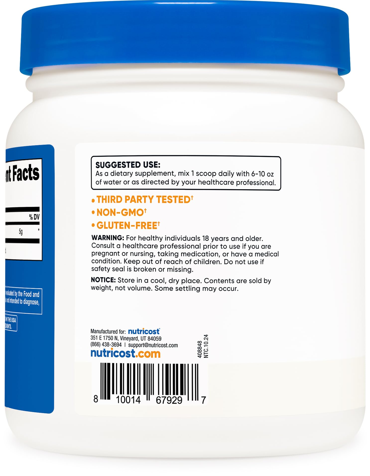 Cuillère-mesure Nutricost L-Arginine en poudre indiquant une portion de 5 g