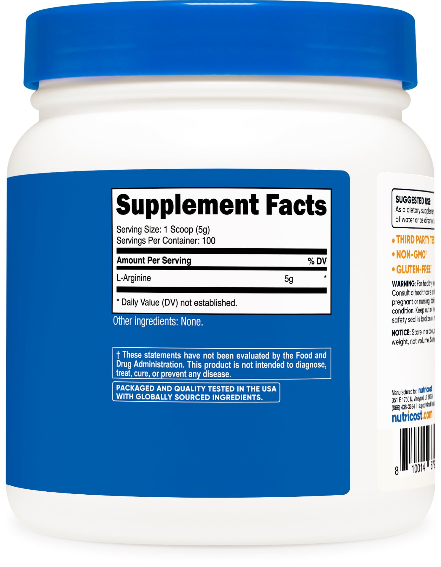 Étiquette Nutricost L-Arginine en poudre indiquant sans gluten et sans OGM