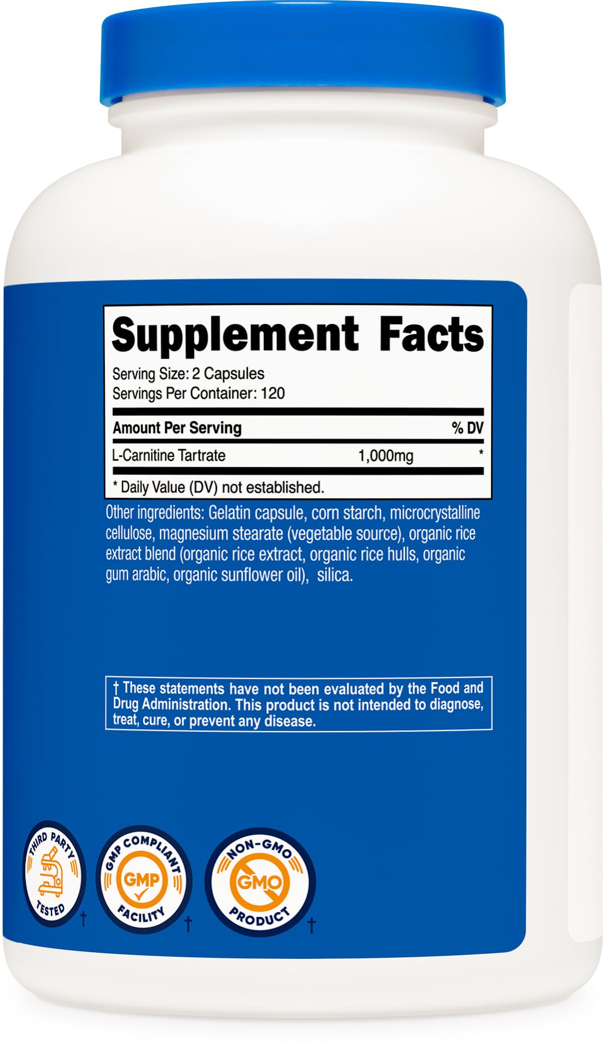 Vue des 120 portions par flacon Nutricost L-Carnitine Tartrate