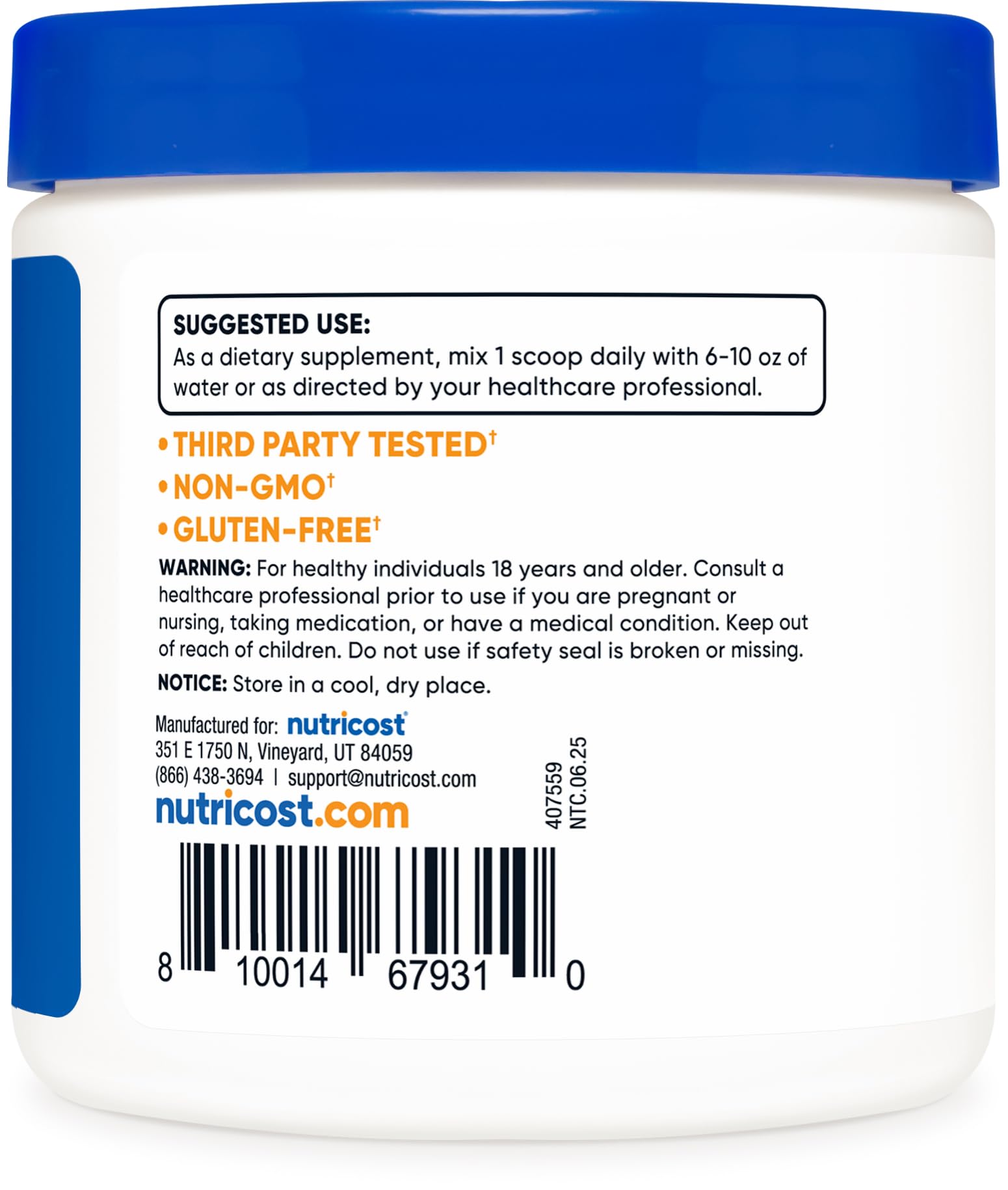 Étiquette Nutricost L-Carnitine Tartrate, formulation sans OGM et sans gluten