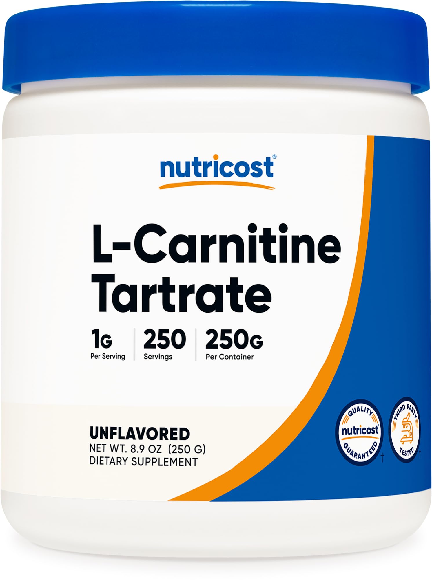 Nutricost L-Carnitine Tartrate en bouteille, poudre facile à doser pour l'entraînement.