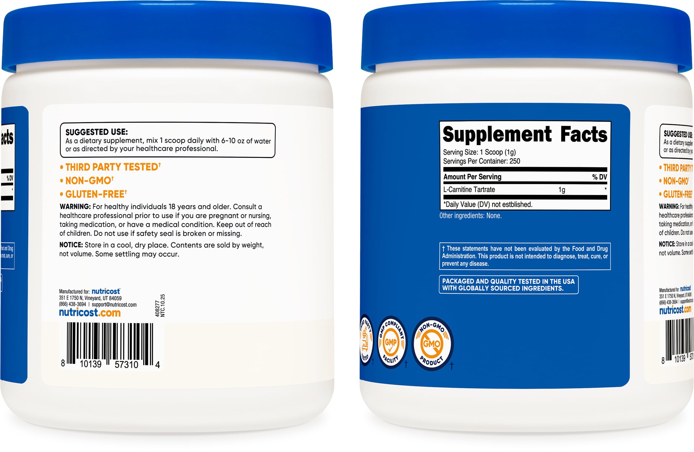 Nutricost L-Carnitine Tartrate — poudre fine prête à mélanger.
