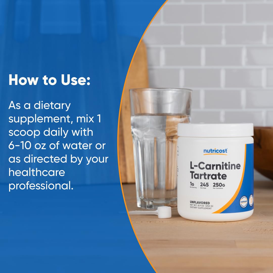 Nutricost L-Carnitine Tartrate — zoom sur l’étiquette et les détails.