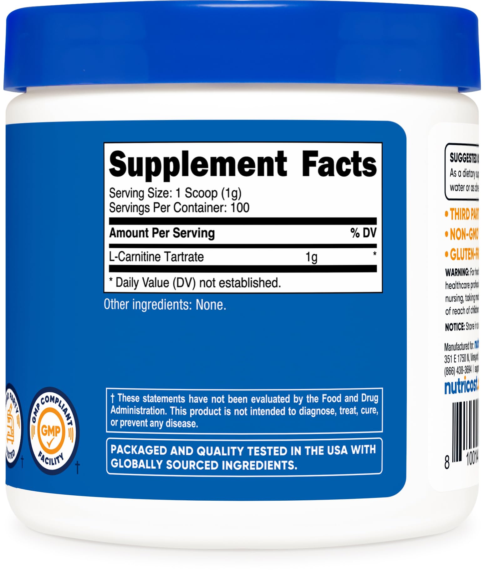 Verre doseur Nutricost L-Carnitine Tartrate facilitant le dosage quotidien