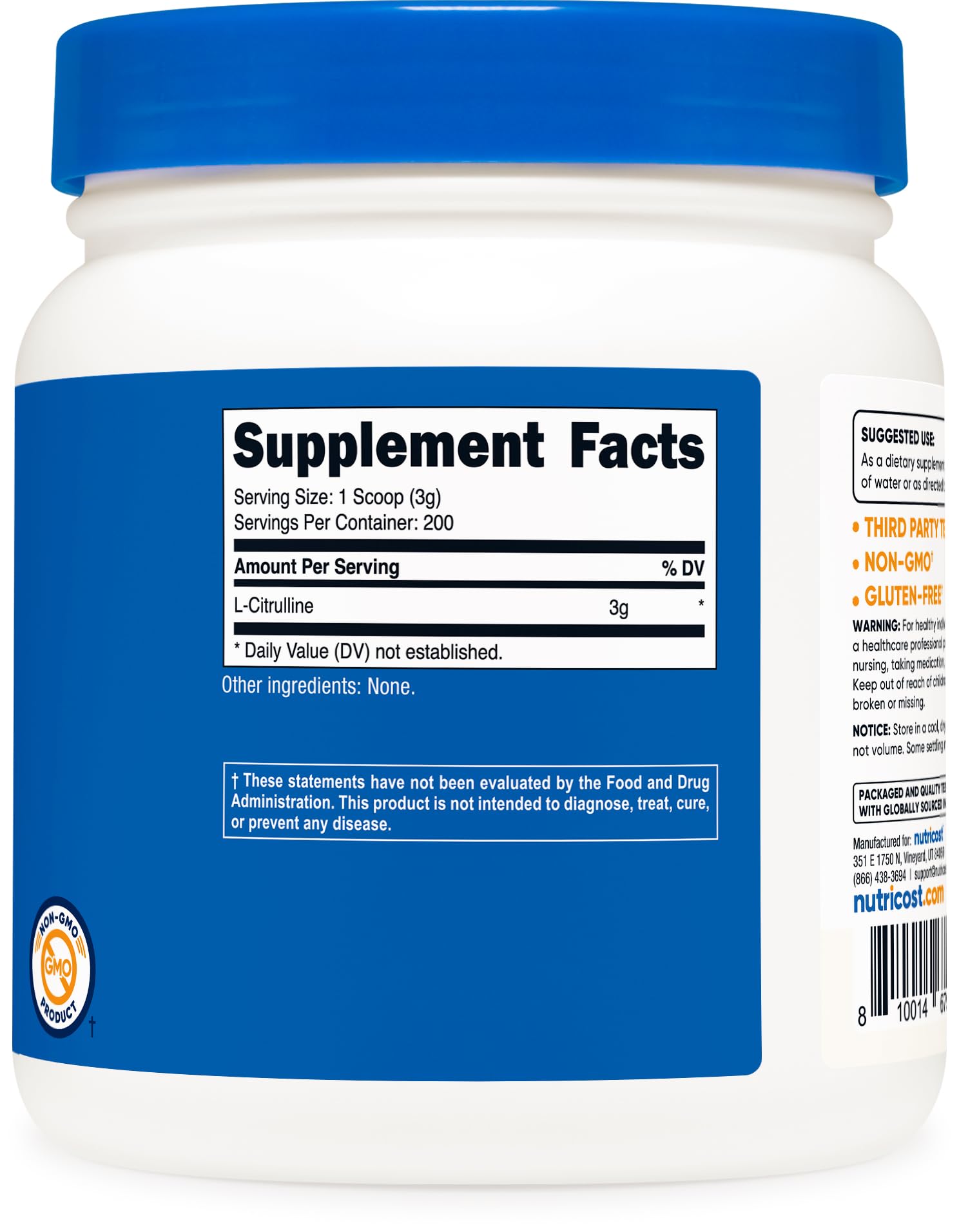Nutricost L-Citrulline étiquette claire avec informations utiles.