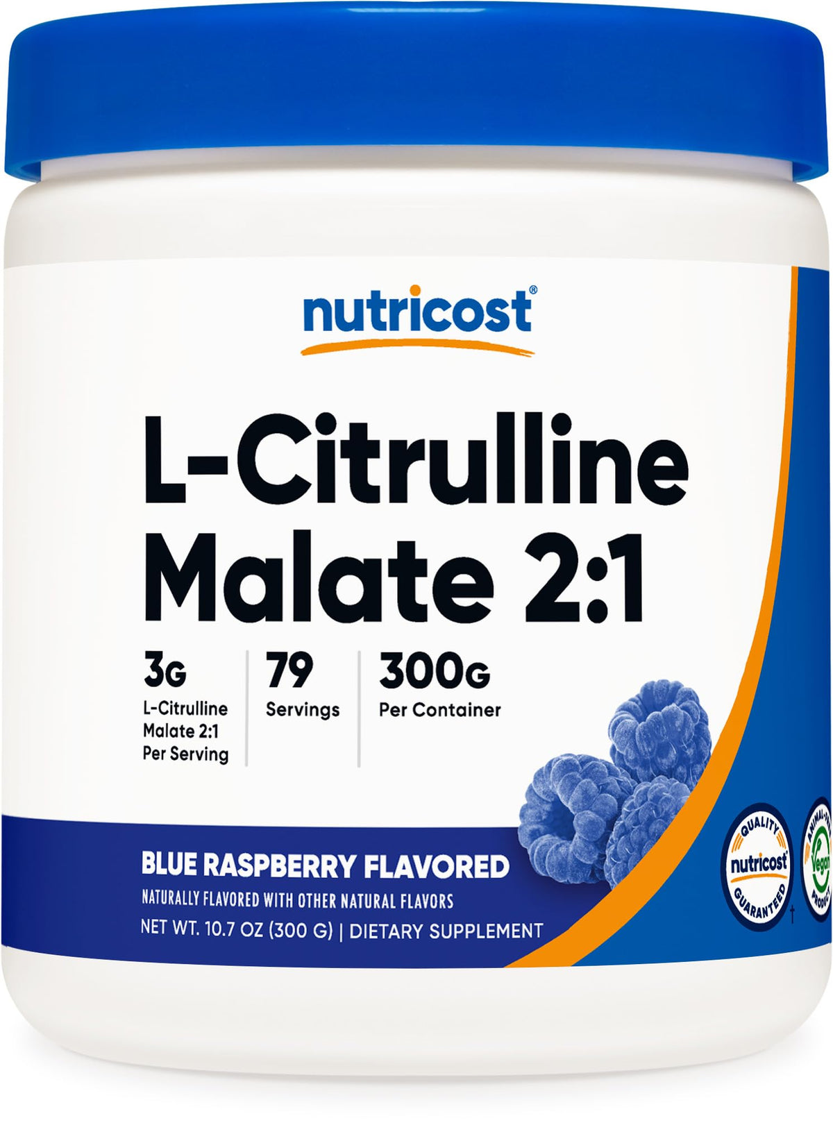 Nutricost L-Citrulline Malate 2:1 en bouteille framboise bleue, goût rafraîchissant pour l'effort