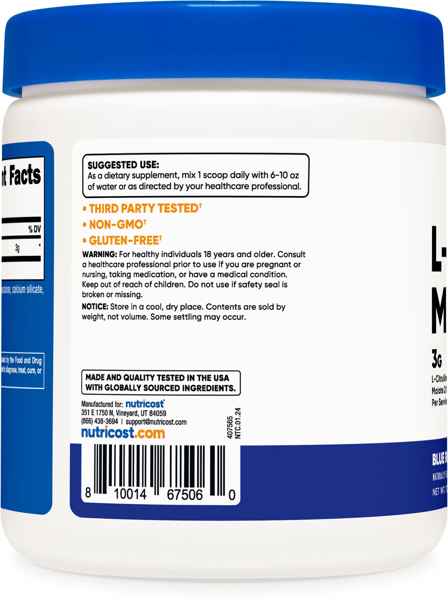 Fiche nutrition Nutricost L-Citrulline Malate 2:1, framboise bleue, conseils d’utilisation
