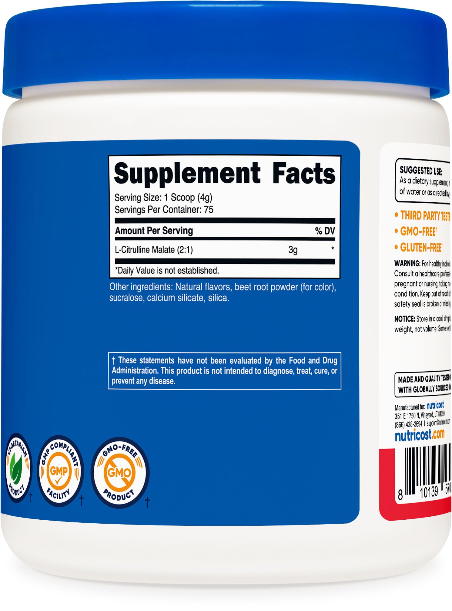 Nutricost L-Citrulline Malate 2:1 Fruit Punch, étiquette explique les avantages et l'utilisation