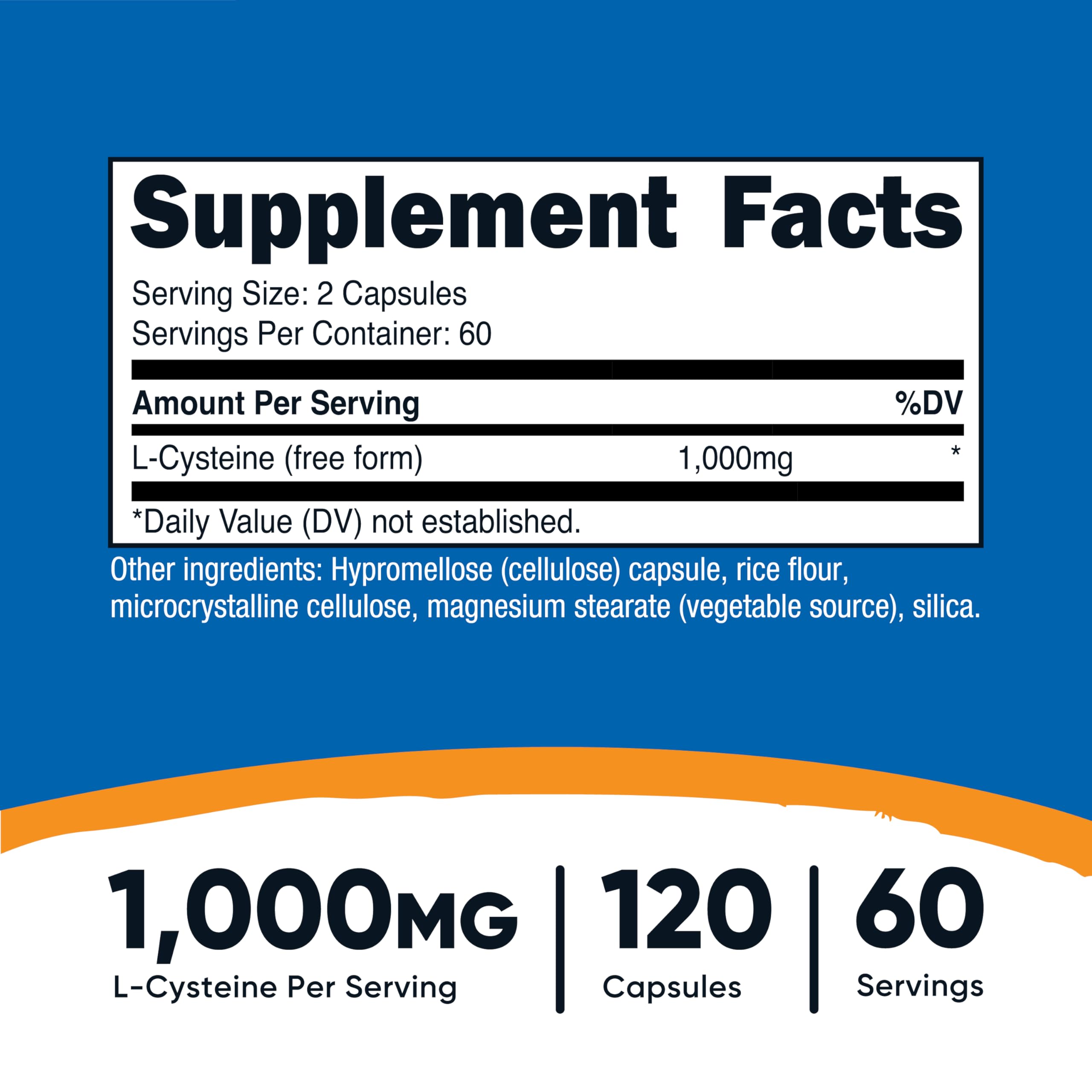 Nutricost L-Cystéine: capsules 500 mg visibles, dosage pratique pour deux capsules par prise.