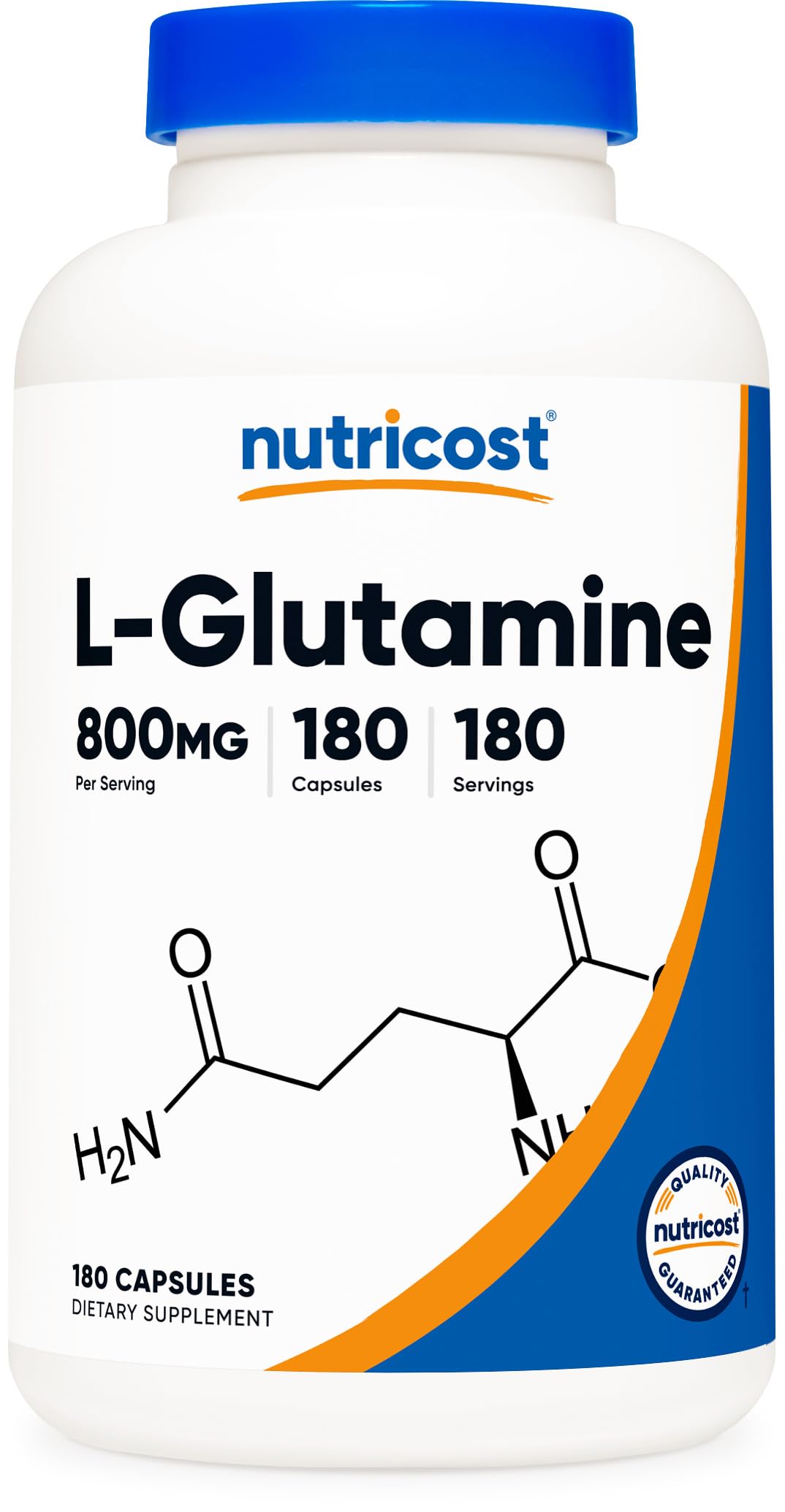 Nutricost L-Glutamine 800 mg, bouteille prête à l’usage quotidien.