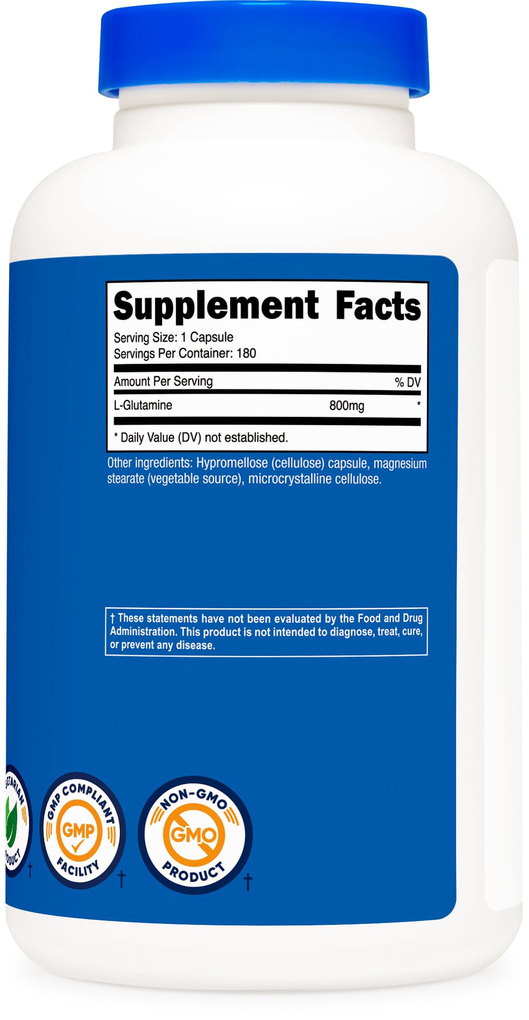 Étiquette Nutricost L-Glutamine mettant en avant qualité et traçabilité.