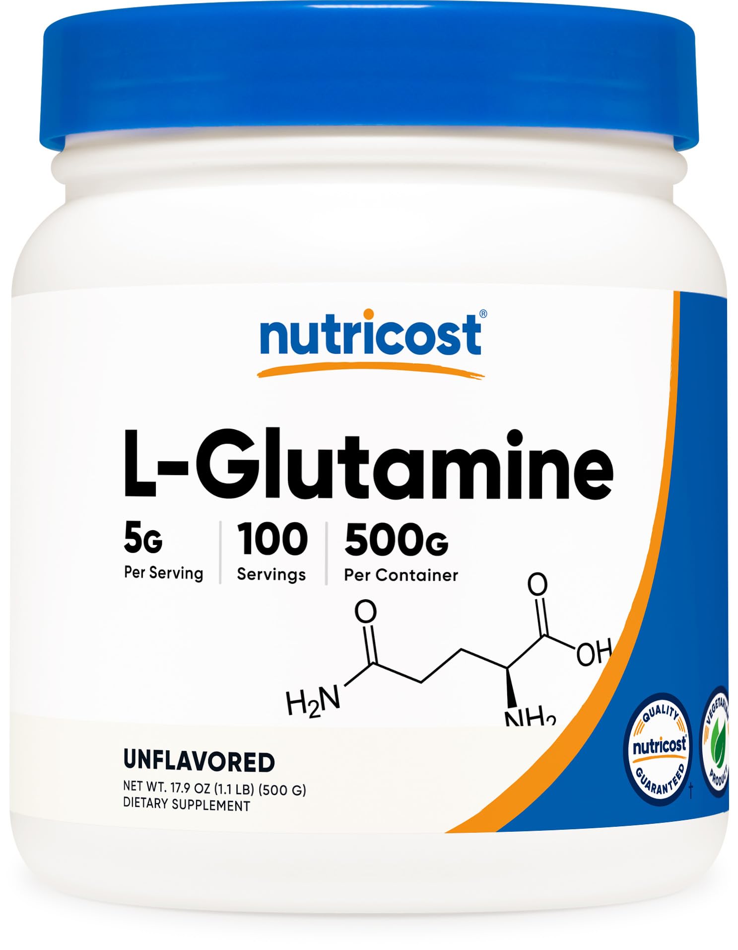 Nutricost L-Glutamine Poudre dans sa bouteille 500 g, pratique pour l'entraînement.