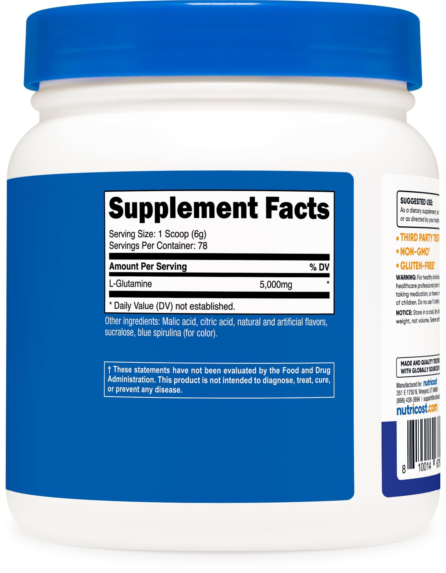 Nutricost L-Glutamine Poudre Étiquette Nutritionnelle, informations claires.