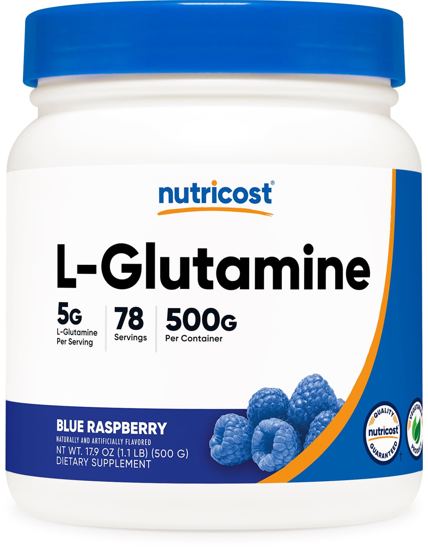 Nutricost L-Glutamine Poudre Framboise Bleue, saveur agréable et dosage pratique.
