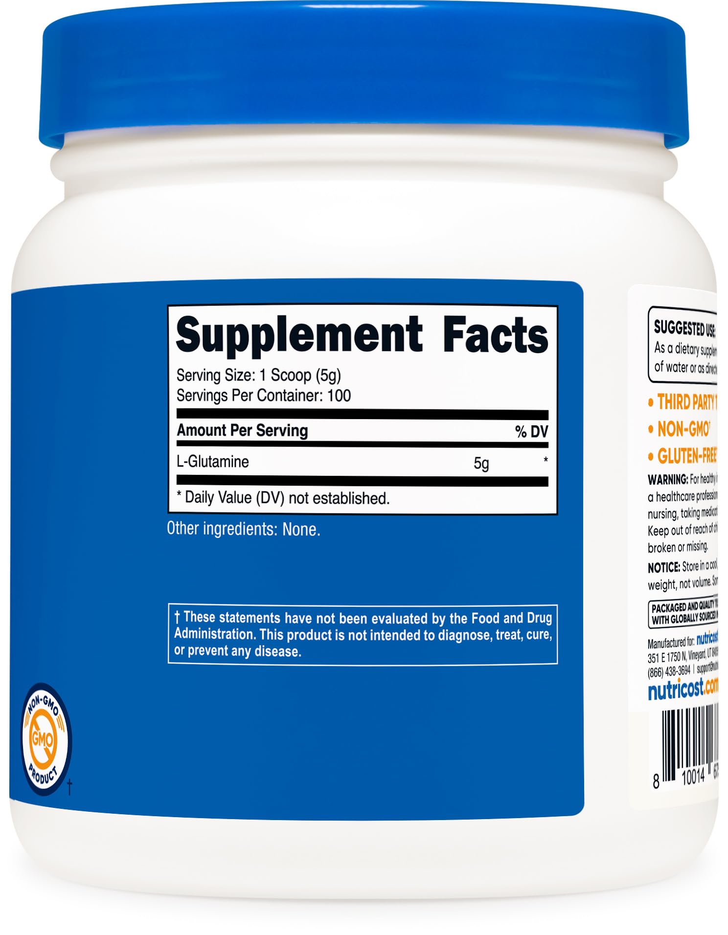 Nutricost L-Glutamine Poudre adaptée à un mode de vie végétarien et sans allergènes.