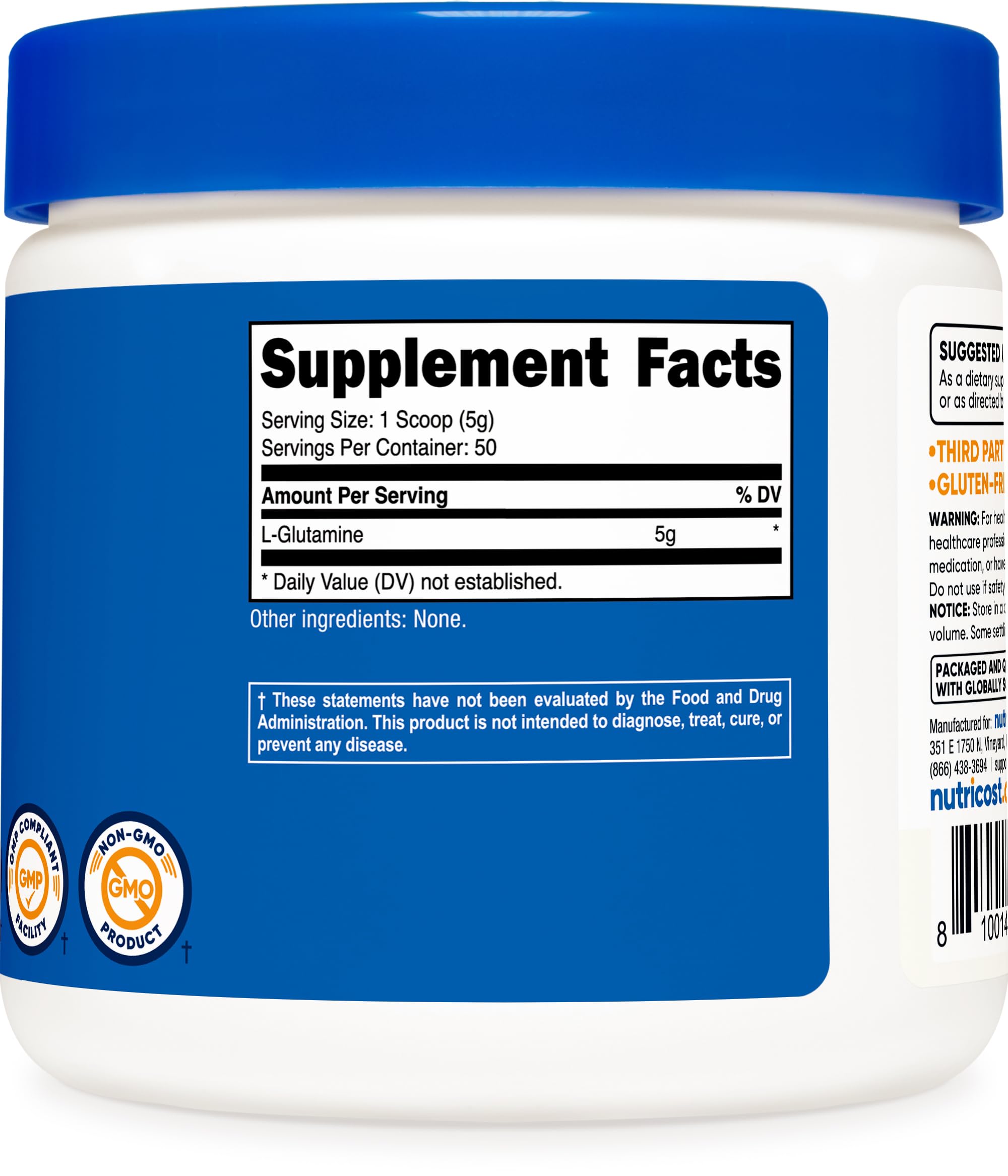 Nutricost L-Glutamine, fabriqué dans un établissement certifié NSF, GMP et FDA