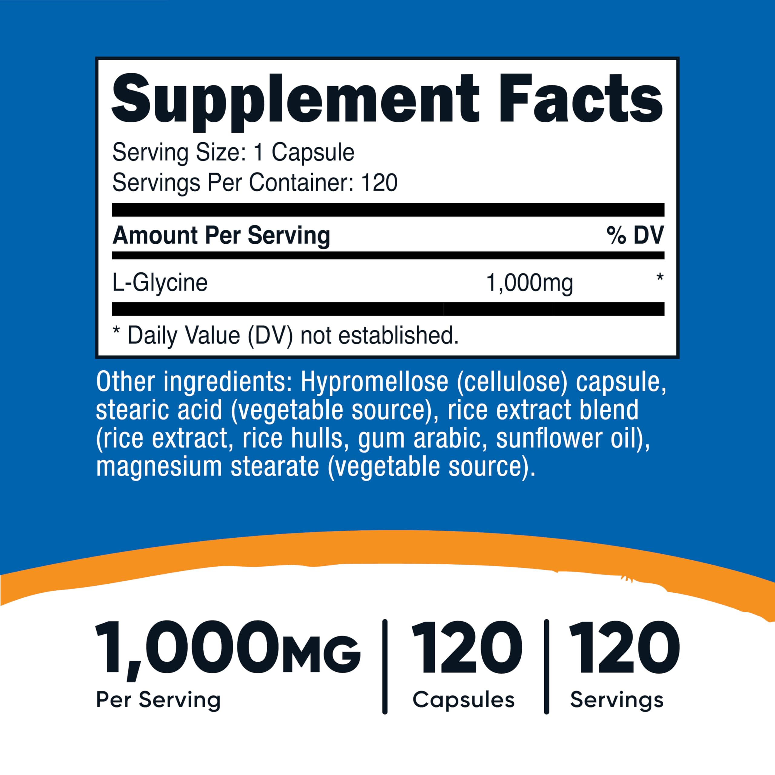 Nutricost L-Glycine 1000 mg, boîte claire prête à être utilisée.