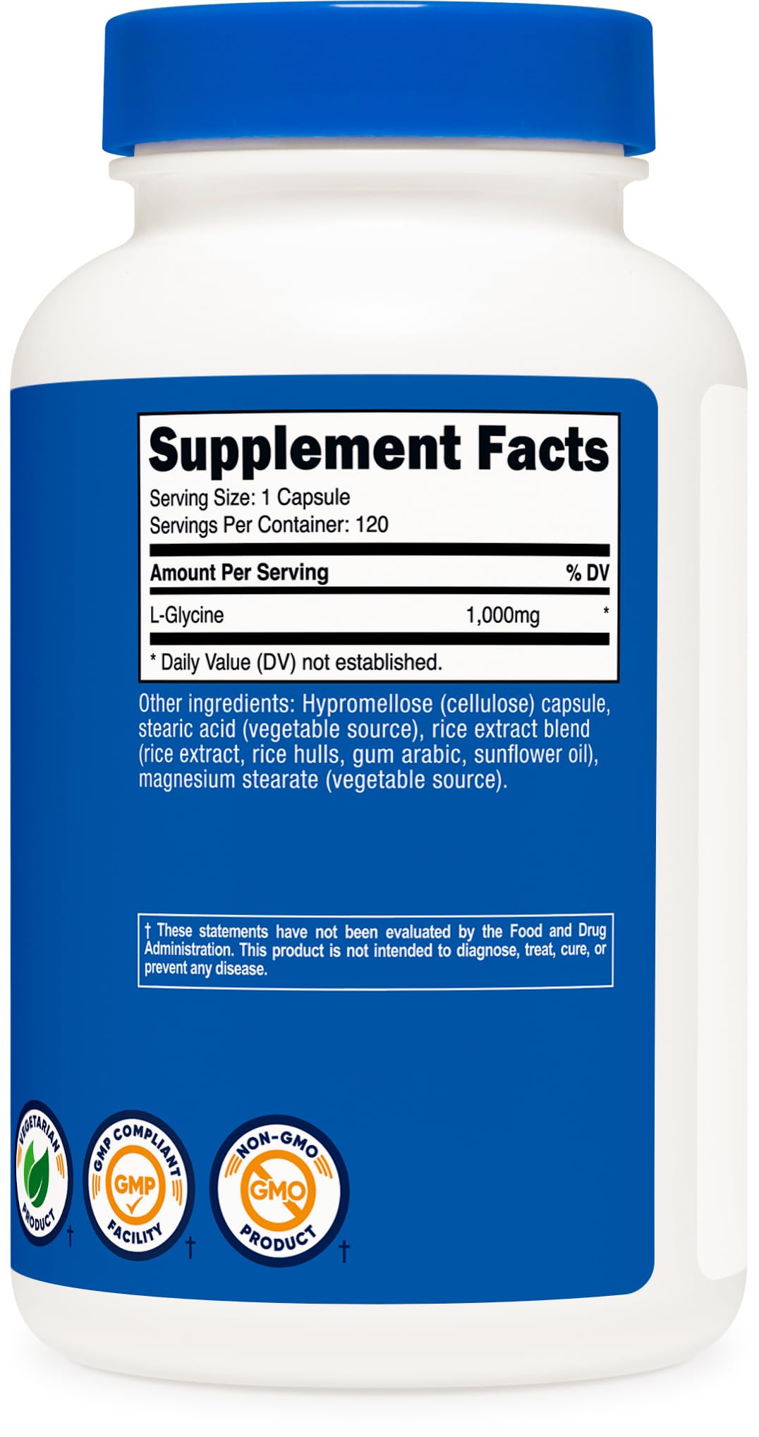 Nutricost L-Glycine 1000 mg, flacon compact pour une utilisation pratique.