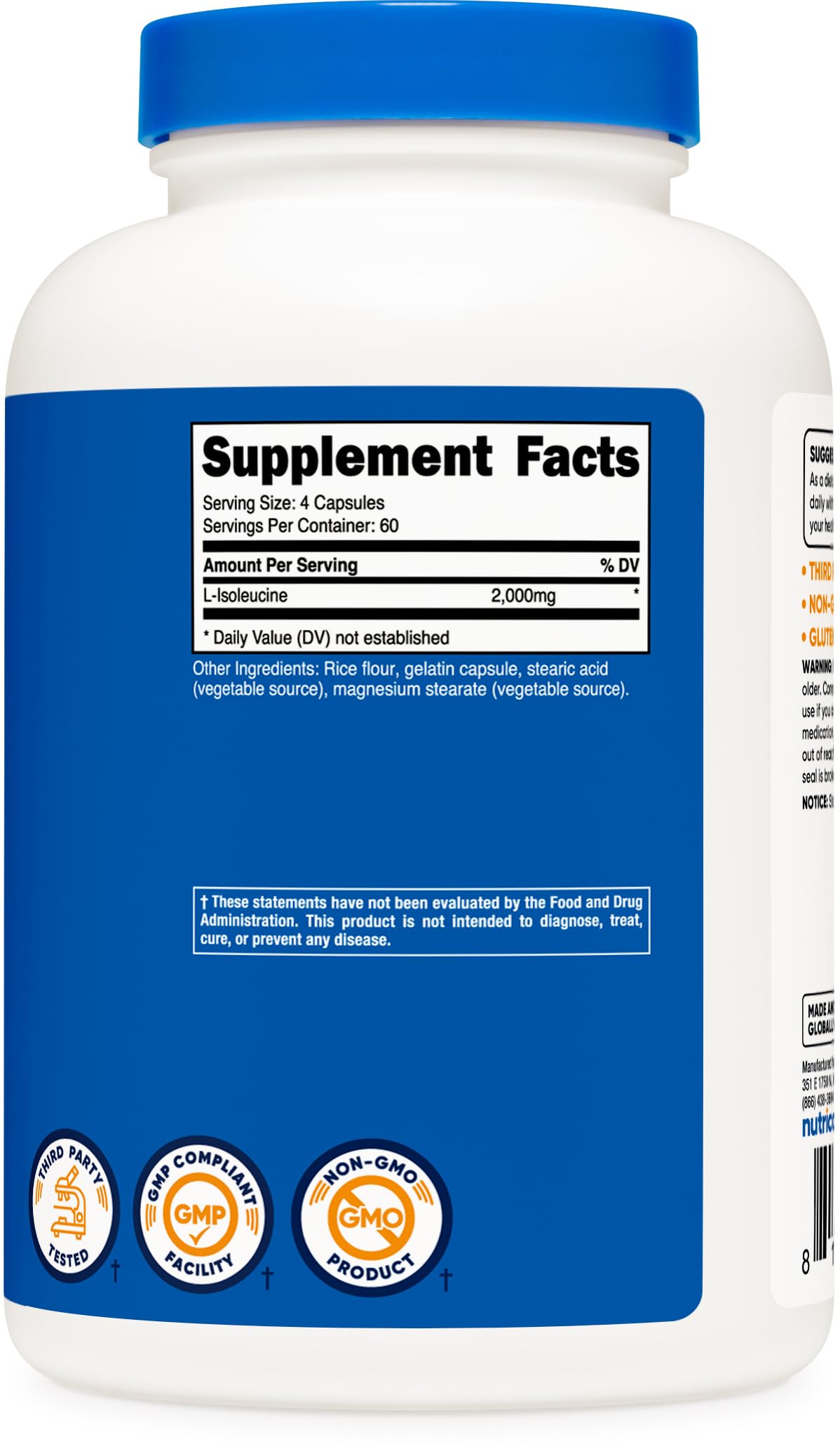 Boîte Nutricost L-Isoleucine prête à l’emploi, emballage clair et pratique.