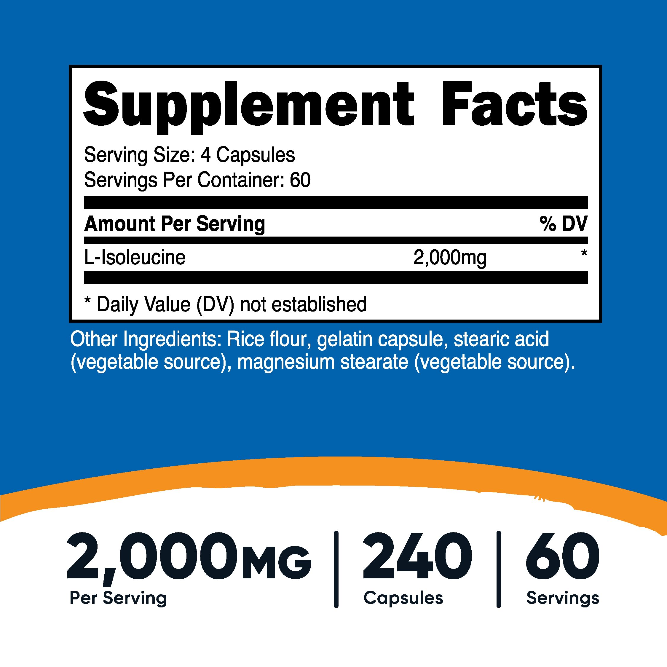 Capsules Nutricost L-Isoleucine en gros plan, dosage pratique pour les portions quotidiennes.