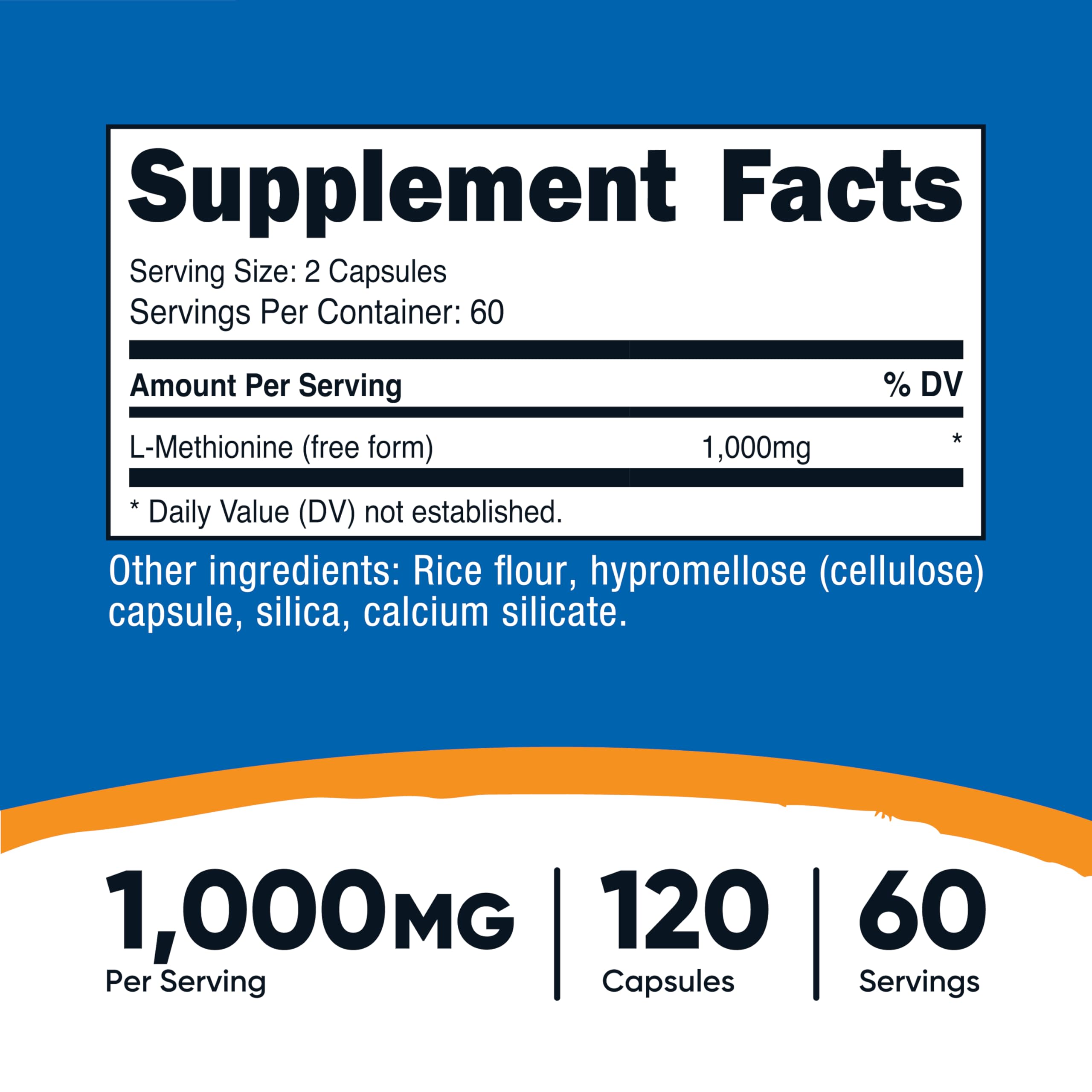 Nutricost L-Méthionine : capsules 1 000 mg par portion pour une routine pratique.