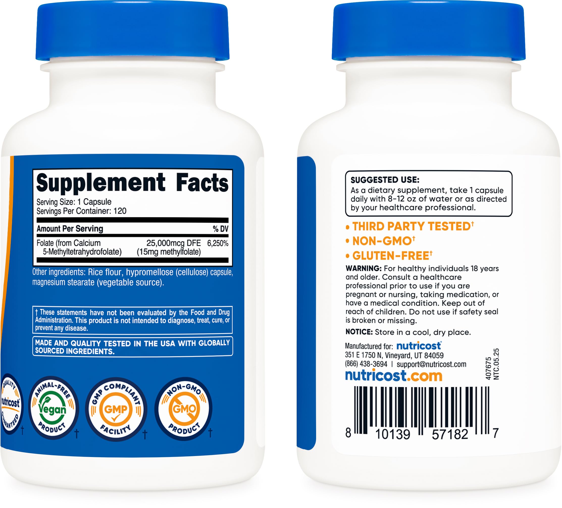 Nutricost L-Methylfolate: sceau NSF-GMP garantissant des normes de fabrication élevées.
