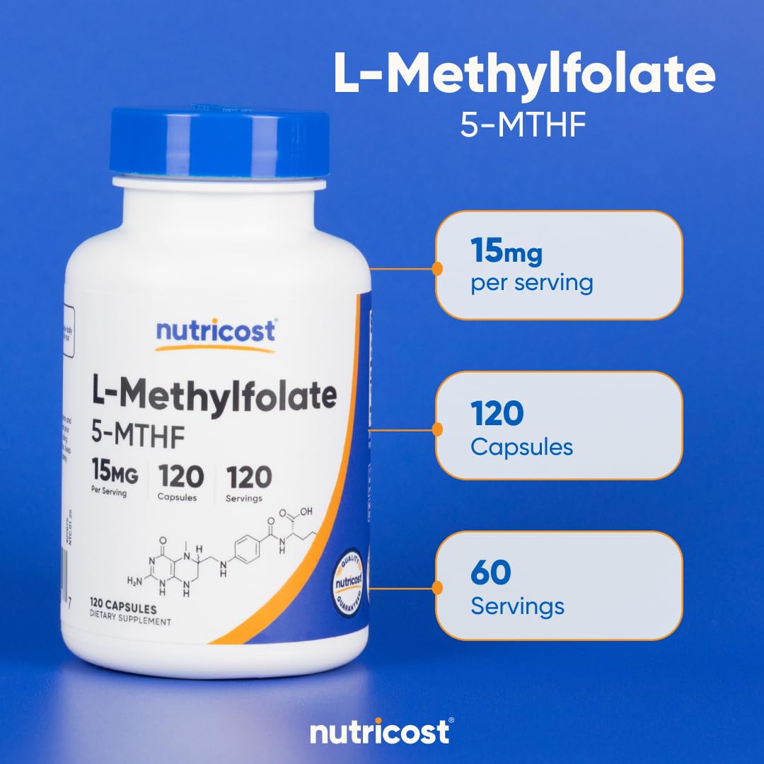 Nutricost L-Methylfolate: étiquette végane, sans OGM et sans gluten pour divers régimes.