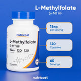 Nutricost L-Methylfolate: étiquette végane, sans OGM et sans gluten pour divers régimes.