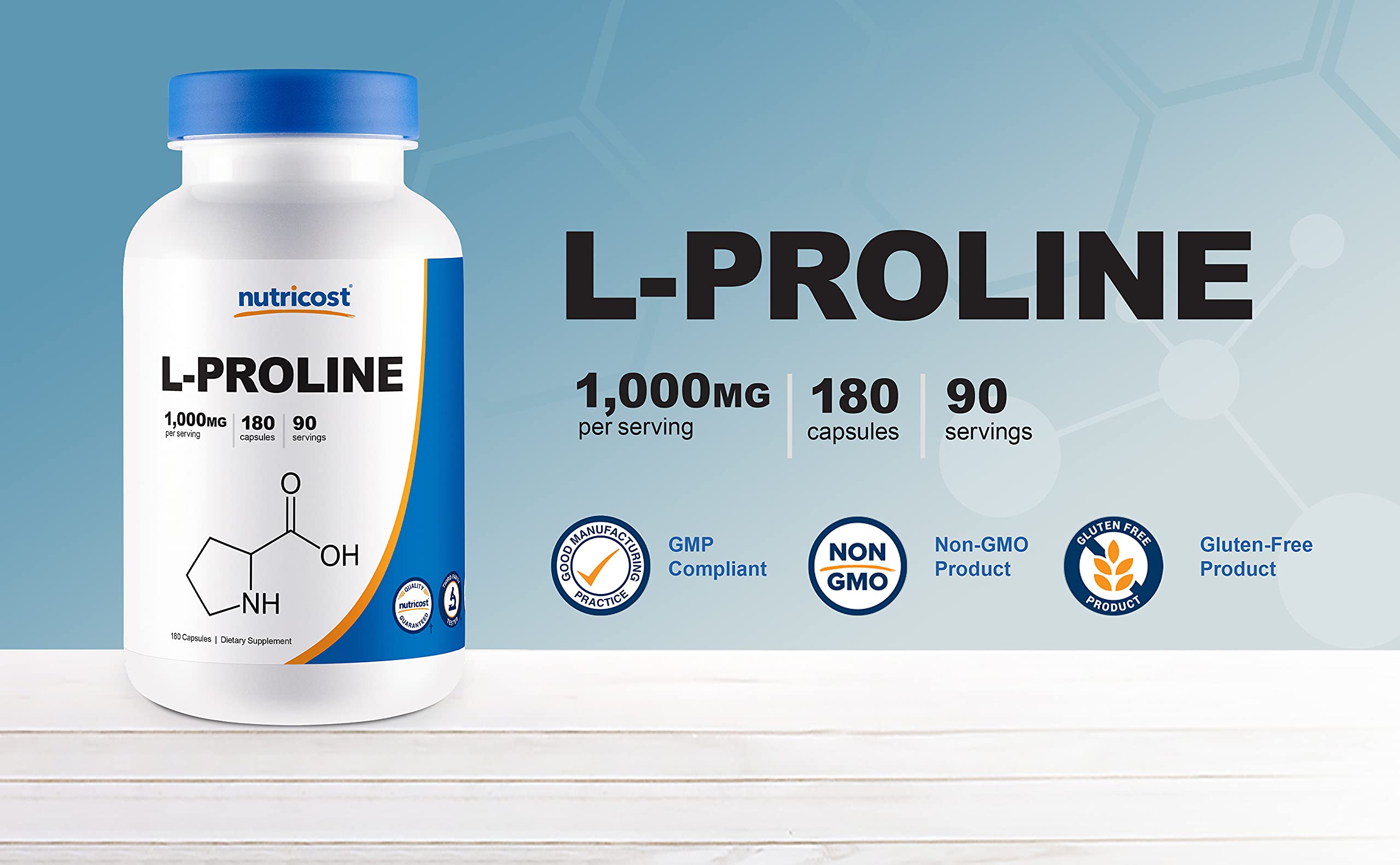 Nutricost L-Proline – sans OGM et sans gluten, formule sûre.