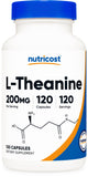 Nutricost L-Theanine dans la bouteille, dose quotidienne facile pour calme et concentration.