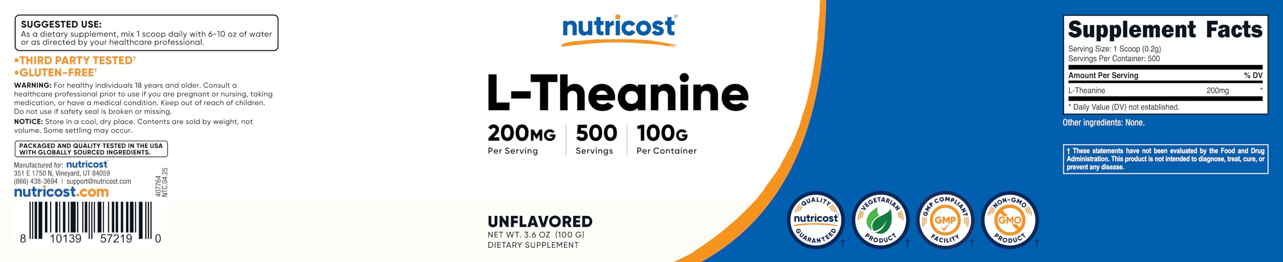 Nutricost L-Theanine poudre – 100 g, 500 portions potentielles.