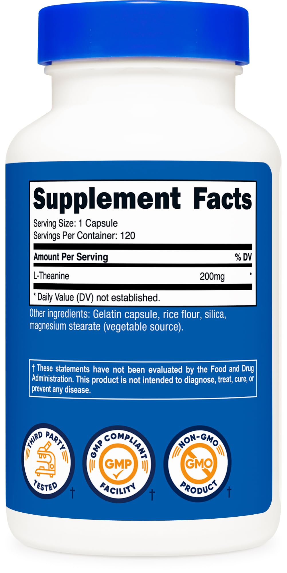 Étiquette Nutricost L-Theanine indiquant la composition, sans OGM.