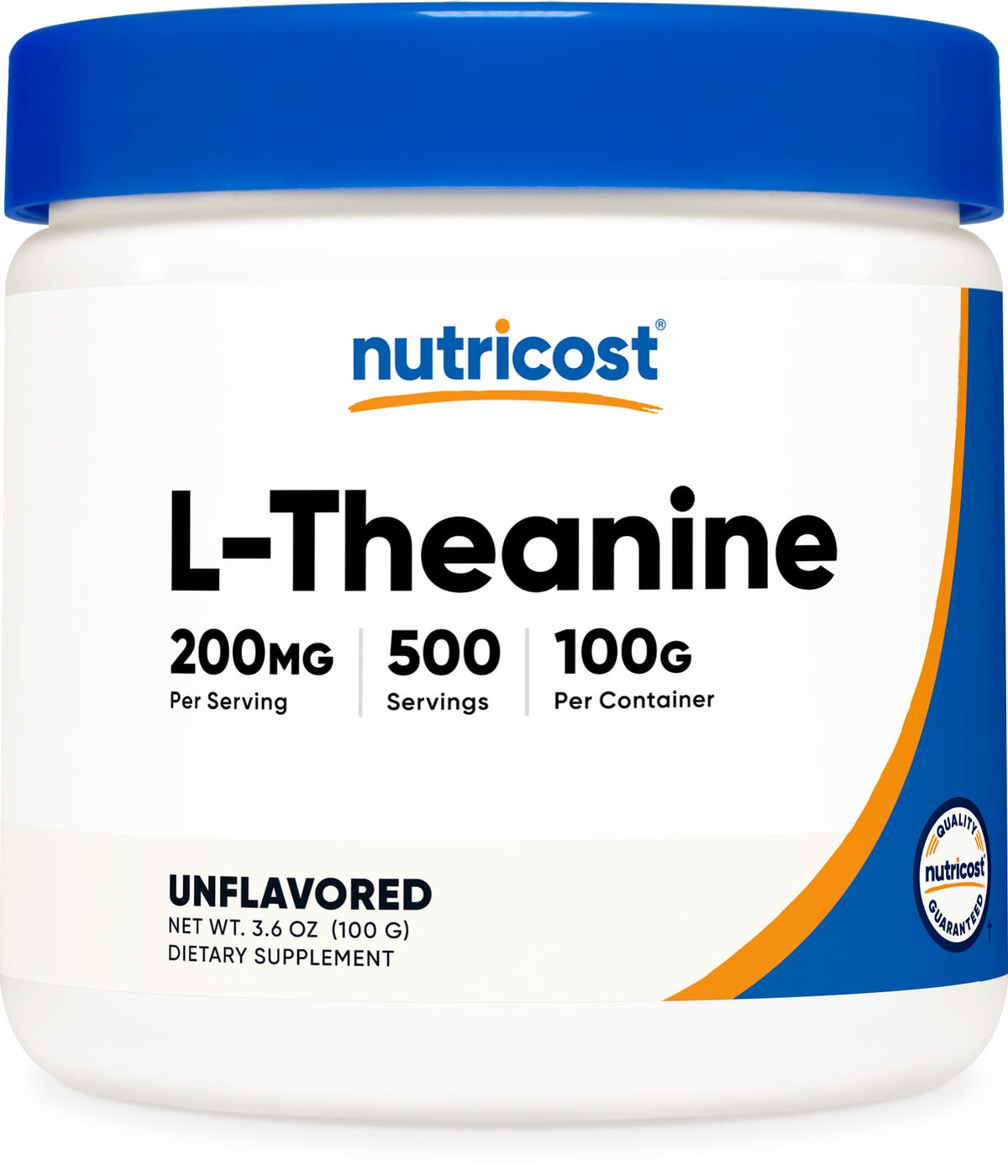 Nutricost L-Theanine poudre – bouteille, apport quotidien pratique pour la détente potentielle.