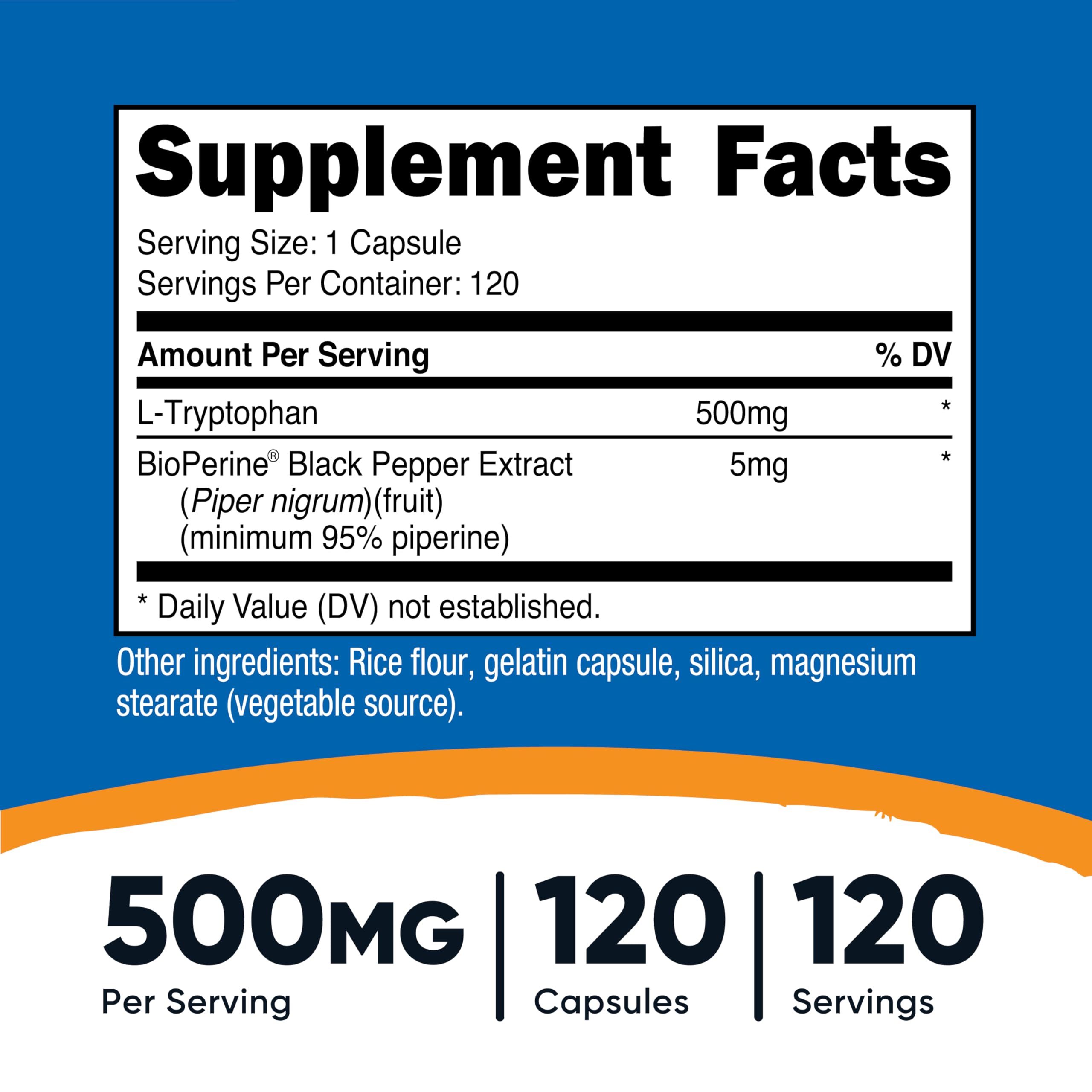 Étiquette Nutricost L-Tryptophane montrant le dosage par gélule.