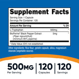 Étiquette Nutricost L-Tryptophane montrant le dosage par gélule.