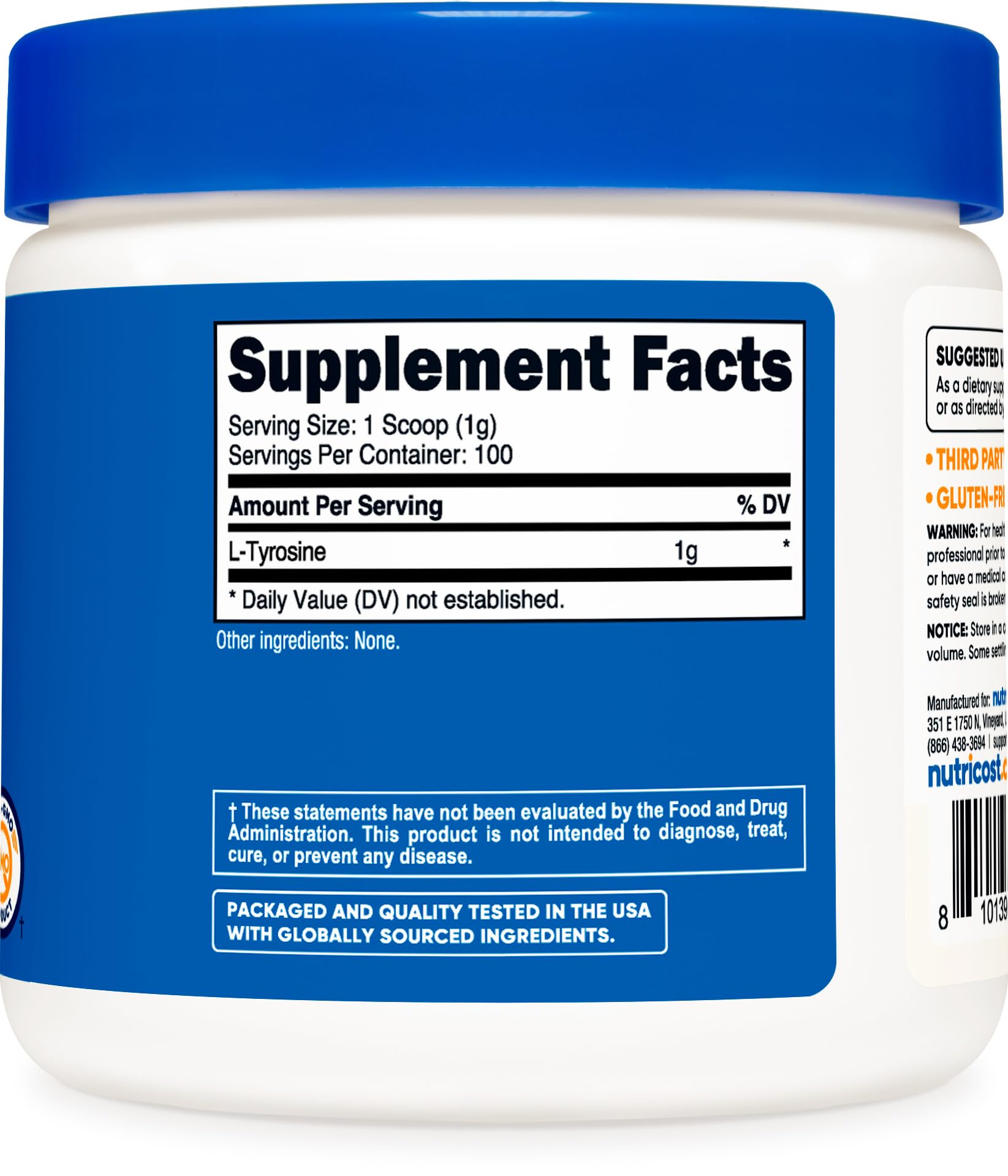 Nutricost L-Tyrosine Poudre – étiquette et emballage soignés assurent la traçabilité.