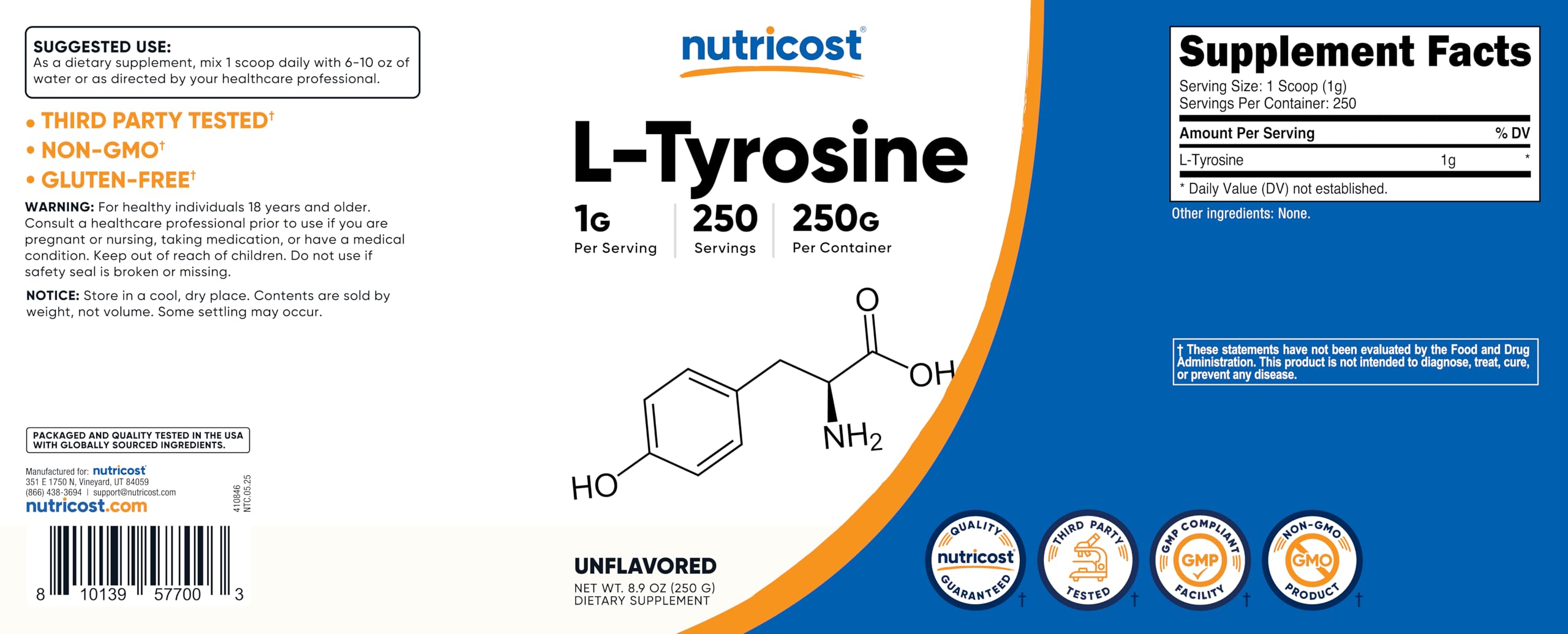 Nutricost L-Tyrosine poudre dans un pot refermable pour meilleure conservation