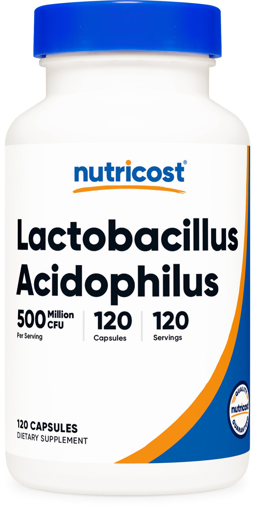 Nutricost Lactobacillus Acidophilus Capsules — bouteille, soutien potentiel du microbiote intestinal.